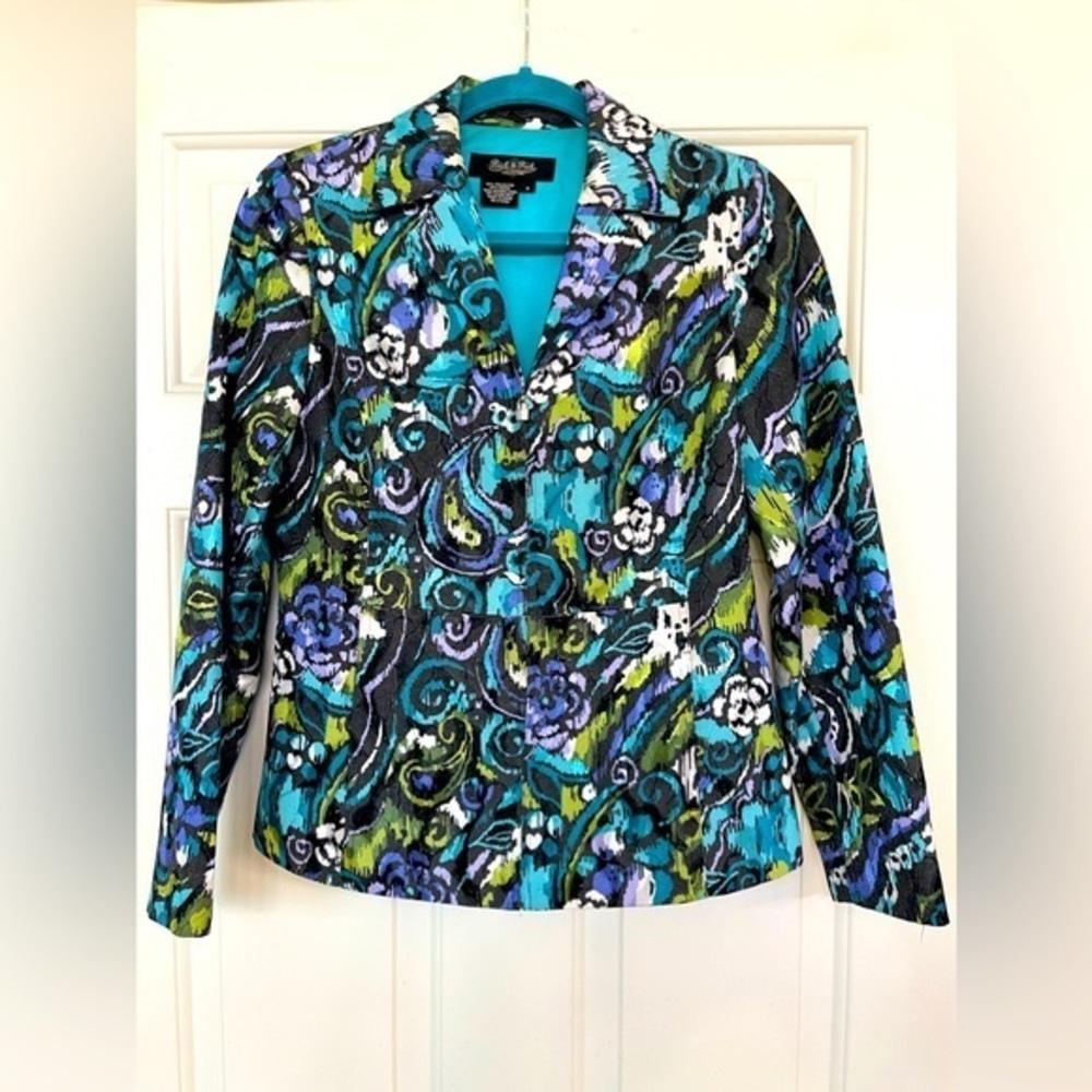 Peck & Peck Zipper Jacket Black Turquoise Purple Size 4